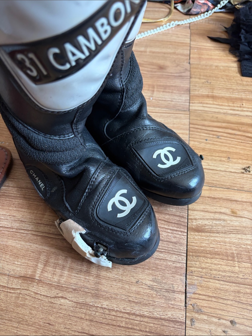 CHANEL Black and White Leather Men’s Logo Motorcycle Boots